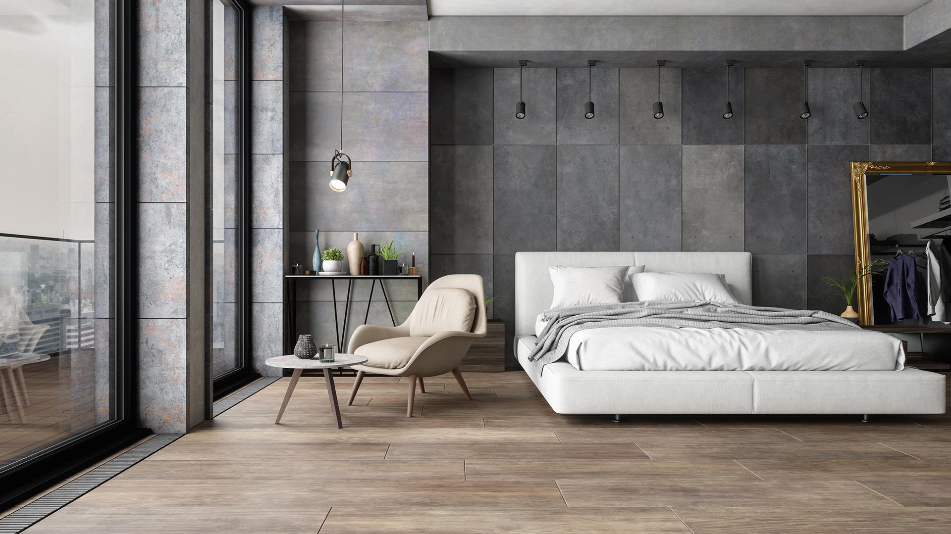 modernes Schlafzimmer mit Designboden bzw. Steinboden