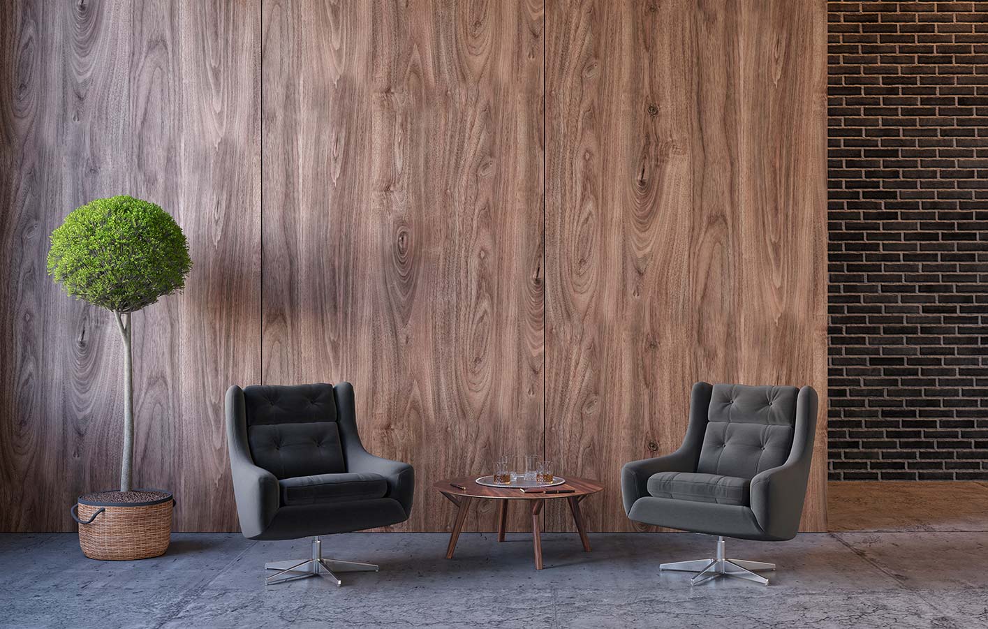 Zwei Stühle vor einer Wand aus Holzpaneelen