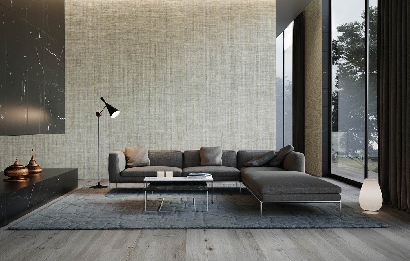 Wohnzimmer mit grauem Boden aus Vinyl
