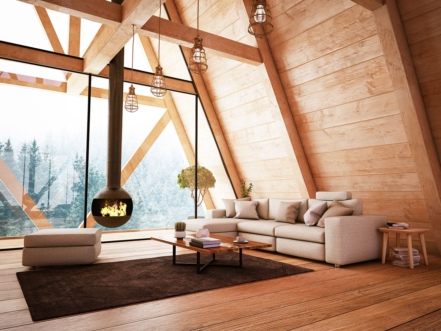 Wohnzimmer in einer Lodge mit Boden und Wand aus Massivholzdielen 